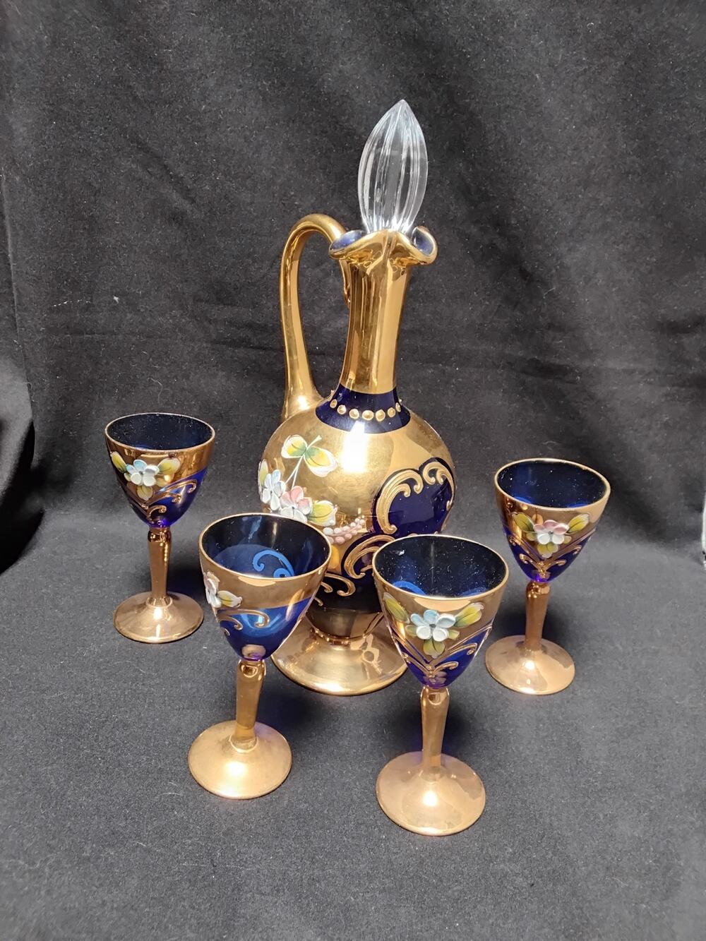 Vintage Cobalt Blue Liqueur set 24kt gold enamel painted Decanter & 4 Egermann
